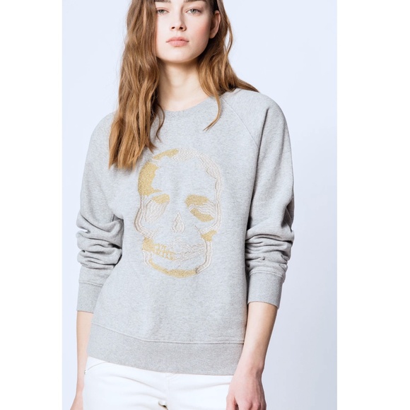 ZADIG & VOLTAIRE Upper Skull Glitter Sweatshirt in Light Gray - XS - Picture 1 of 10